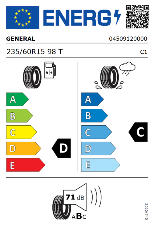 Tyre Label for General Grabber HP 235/60R15 98T